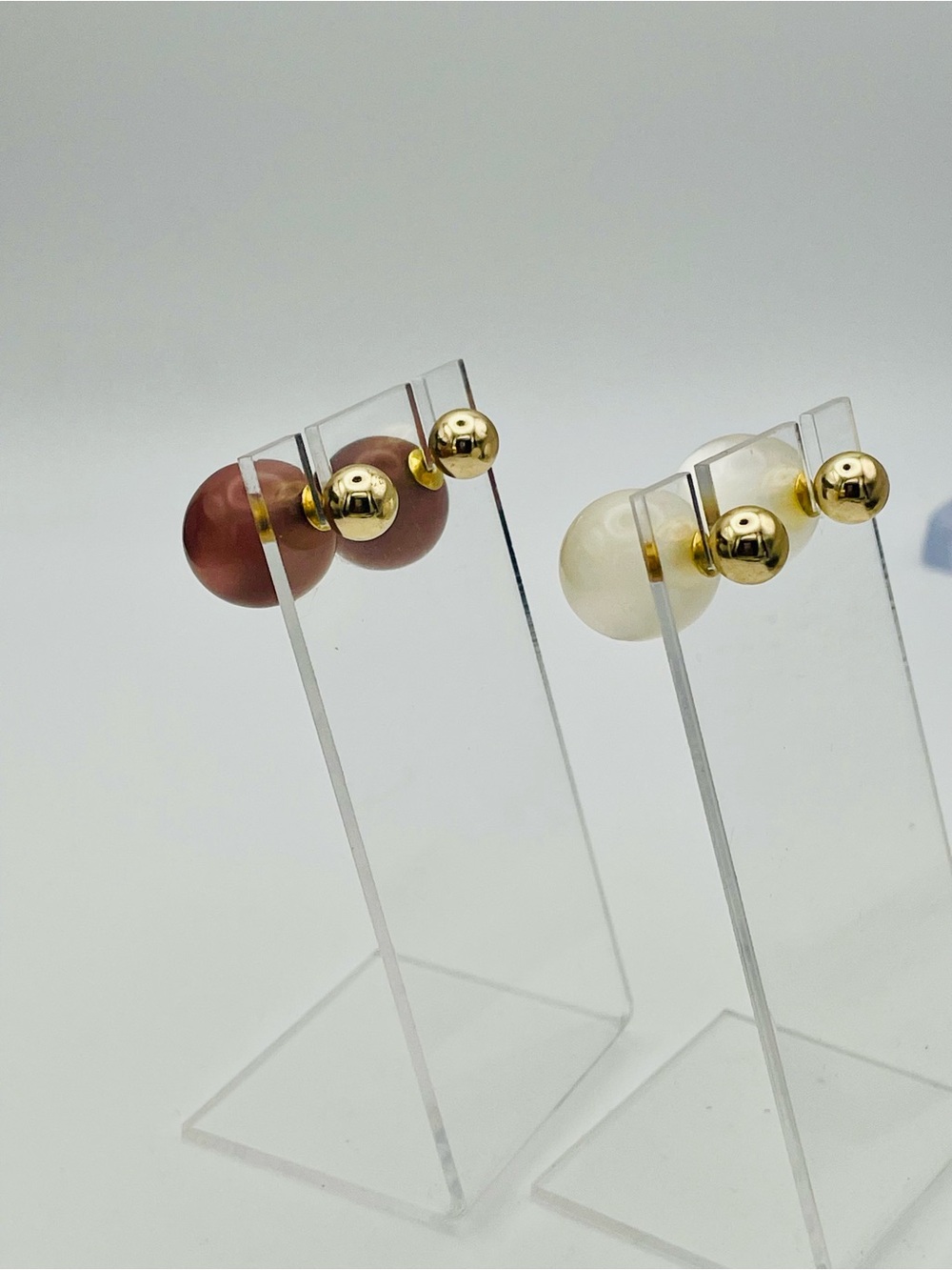 2 pair of Gold Ball Double-Sided Stud Earrings. With Cream and Terracotta Beads